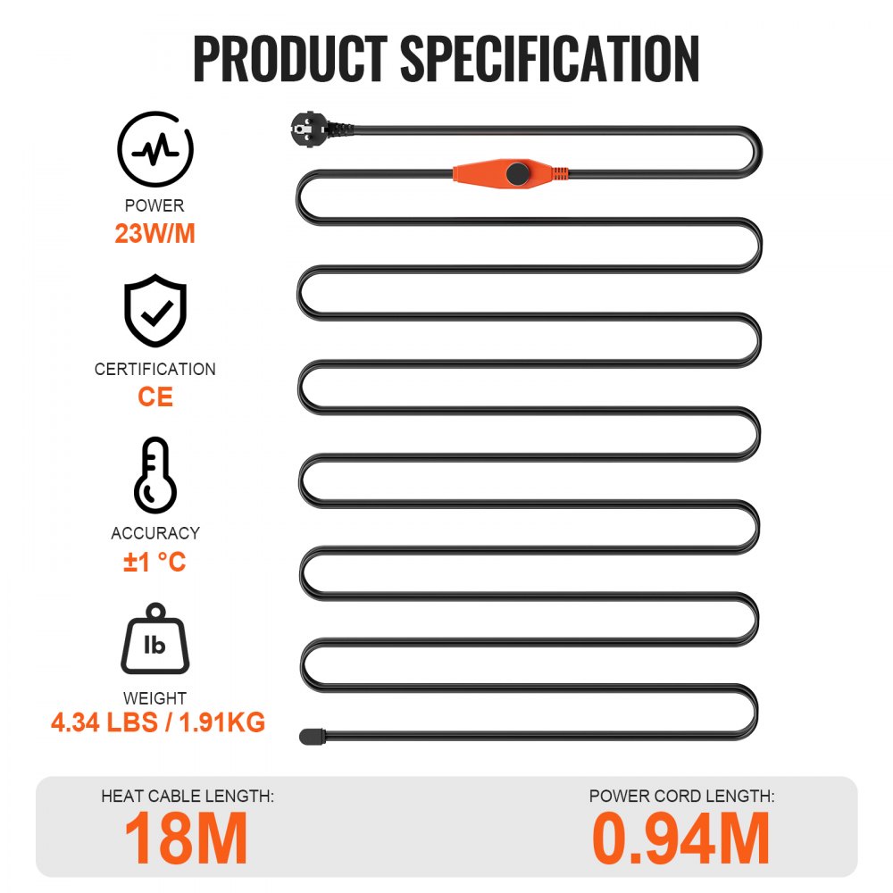 VEVOR Cavo Riscaldante per Tubi Lunghezza da 18 m 23 W/m per Tubi con Termostato Integrato, Cavo Riscaldante per Tubi dell'Acqua Protezione Tubi in PVC, Tubi in Metallo e Plastica dal Congelamento