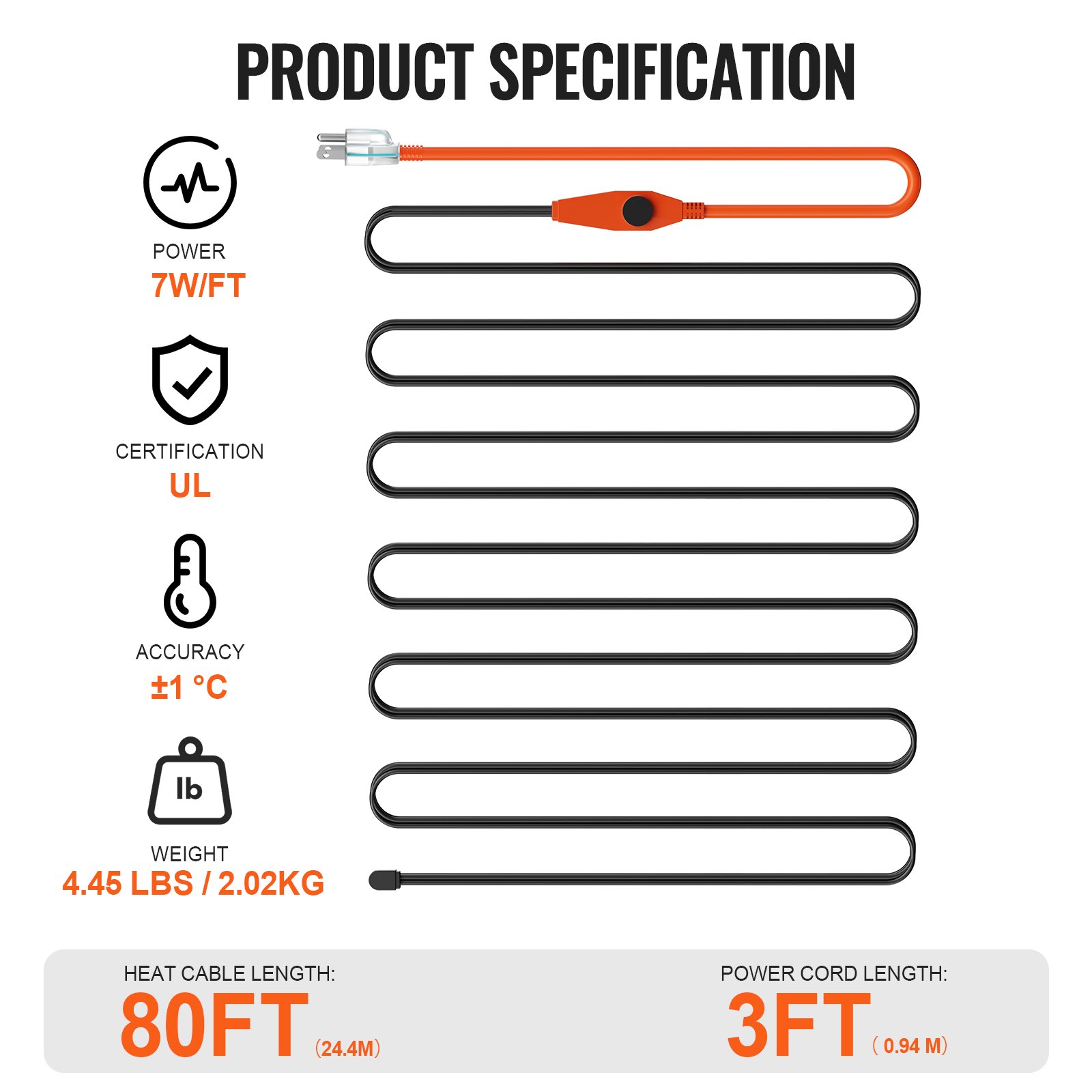 VEVOR pipe heating cable, 25 m, 23 W/m, heating tape for pipes with built-in thermostat, water pipe heating cable protects PVC hoses, metal and plastic pipes from freezing