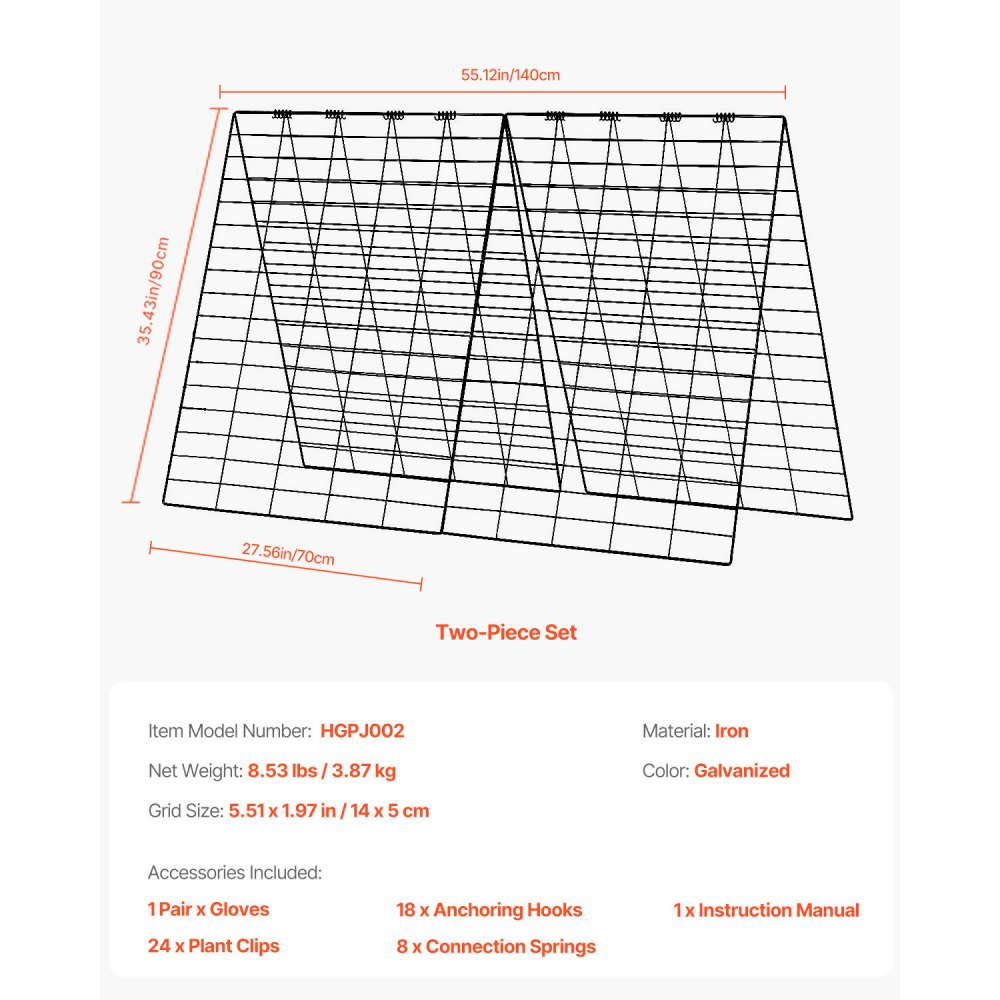 VEVOR Plant Support, 90x140cm, Foldable Cucumber Trellis Set with Plant Clips, Climbing Aid for Raised Beds, Espalier, Outdoor Plant Growth Support for Tomatoes, Pumpkins, Vegetables