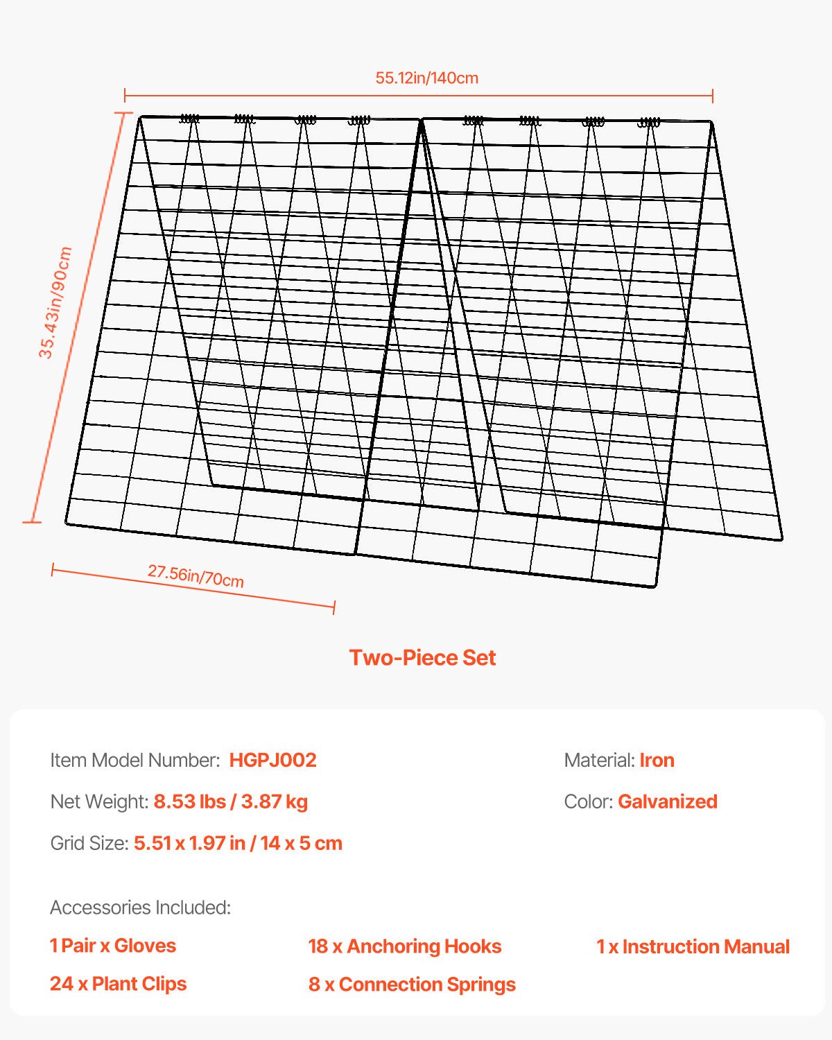 VEVOR Plant Support, 90x140cm, Foldable Cucumber Trellis Set with Plant Clips, Climbing Aid for Raised Beds, Espalier, Outdoor Plant Growth Support for Tomatoes, Pumpkins, Vegetables