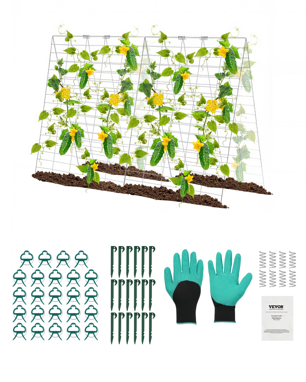 VEVOR Plant Support, 90x140cm, Foldable Cucumber Trellis Set with Plant Clips, Climbing Aid for Raised Beds, Espalier, Outdoor Plant Growth Support for Tomatoes, Pumpkins, Vegetables