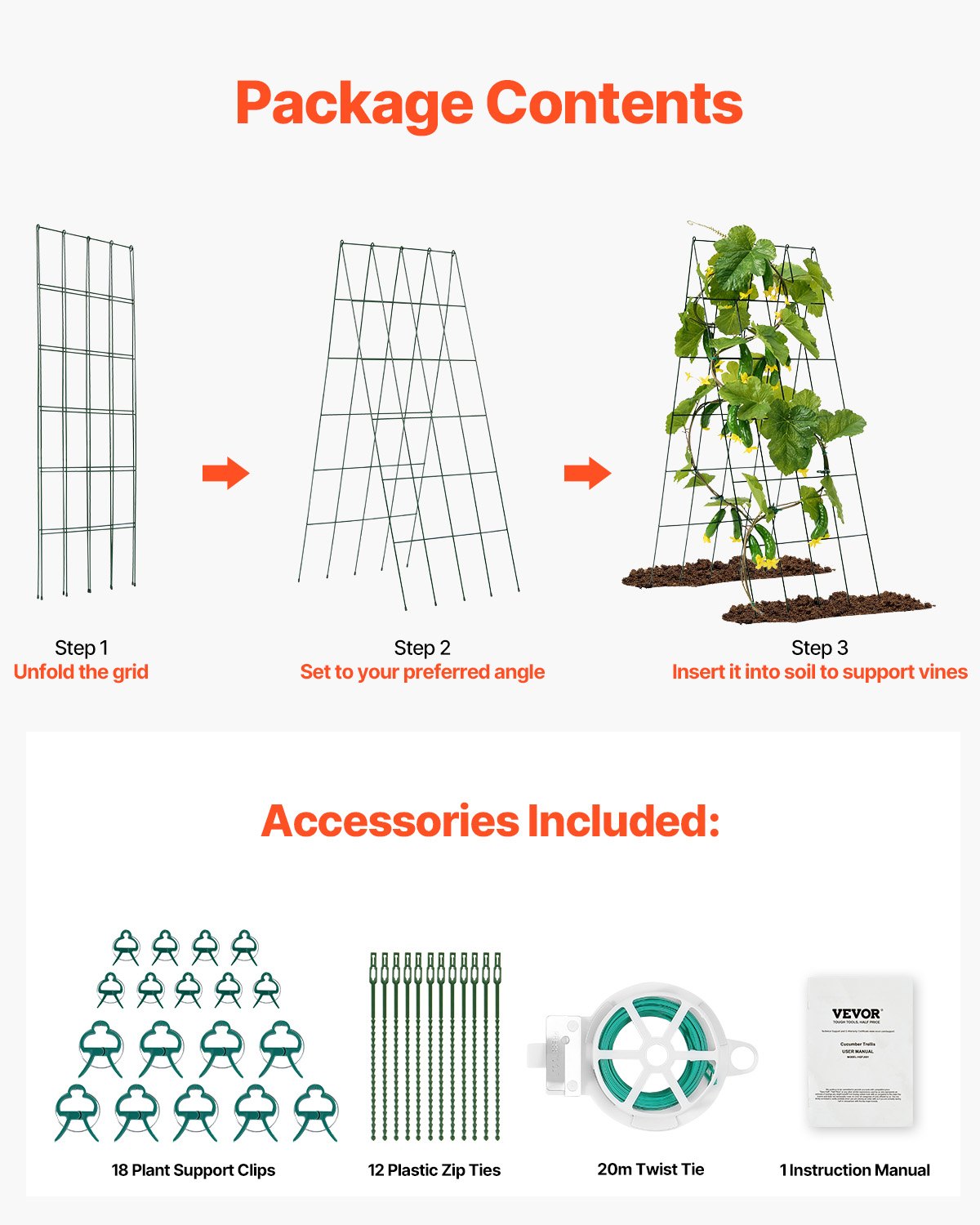 VEVOR Traliccio per Cetrioli per Piante Rampicanti 100 x 80 cm Set di Tralicci per Cetrioli Pieghevoli con Fascette, Traliccio da Giardino in Metallo per Aiuole Rialzate, per Pomodori, Zucca, Verdure
