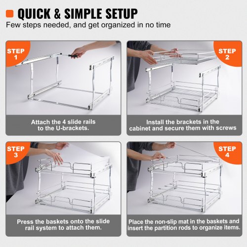 Organizer Estraibile Sotto Lavello – 2 Ripiani Scorrevoli, Altezza Regolabile, Acciaio Carbonio, Per Cucina, Bagno E Frigorifero – 38,5x24,5x40 Cm
