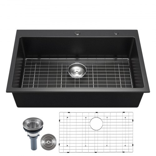 VEVOR Lavello da Cucina in Granito 838 x 559 x 222 mm per Montaggio a Superficie, Lavello da Cucina da Incasso in Stile Rurale con Accessori, per Camper, Cucine di Preparazione, Bar, Nero