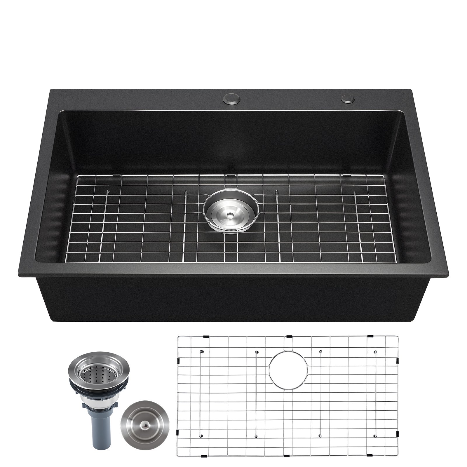 VEVOR Lavello da Cucina in Granito 838 x 559 x 222 mm per Montaggio a Superficie, Lavello da Cucina da Incasso in Stile Rurale con Accessori, per Camper, Cucine di Preparazione, Bar, Nero