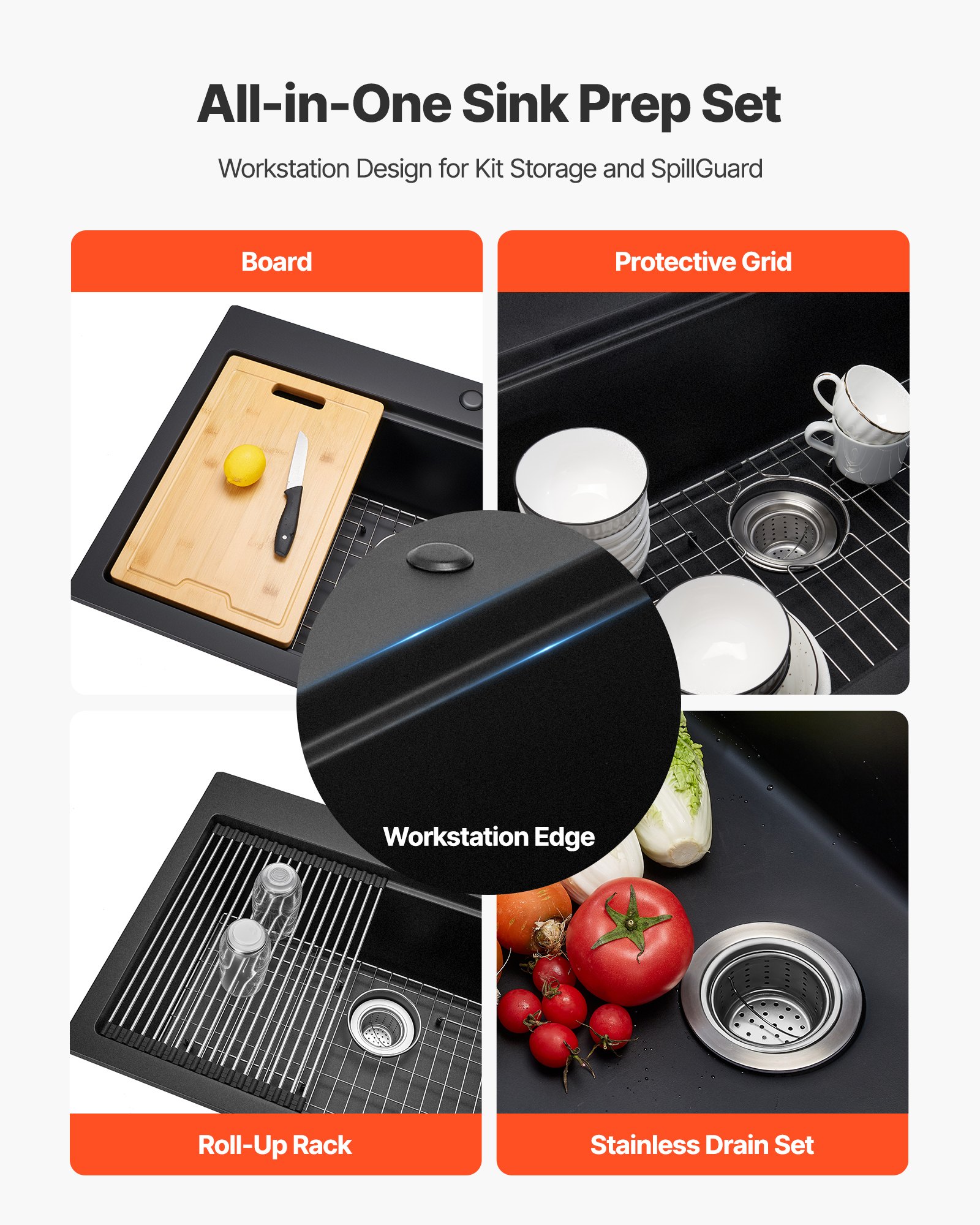 VEVOR Lavello da Cucina in Granito 840 x 560 x 250 mm per Montaggio ad Appoggio, Lavello da Cucina da Incasso in Stile Rurale con Accessori, per Camper, Cucine di Preparazione, Bar, Nero