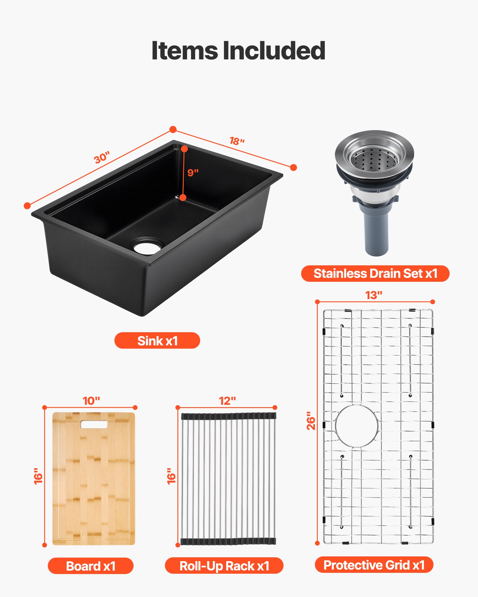VEVOR Lavello da Cucina in Granito 762 x 457 x 230 mm per Montaggio ad Appoggio, Lavello da Cucina da Incasso in Stile Rurale con Accessori, per Camper, Cucine di Preparazione, Bar, Nero