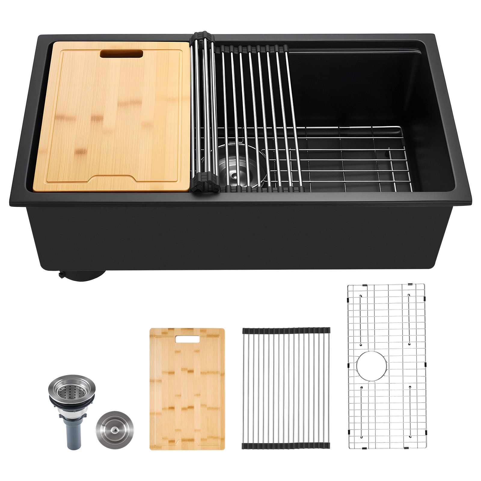 VEVOR Lavello da Cucina in Granito 762 x 457 x 230 mm per Montaggio ad Appoggio, Lavello da Cucina da Incasso in Stile Rurale con Accessori, per Camper, Cucine di Preparazione, Bar, Nero