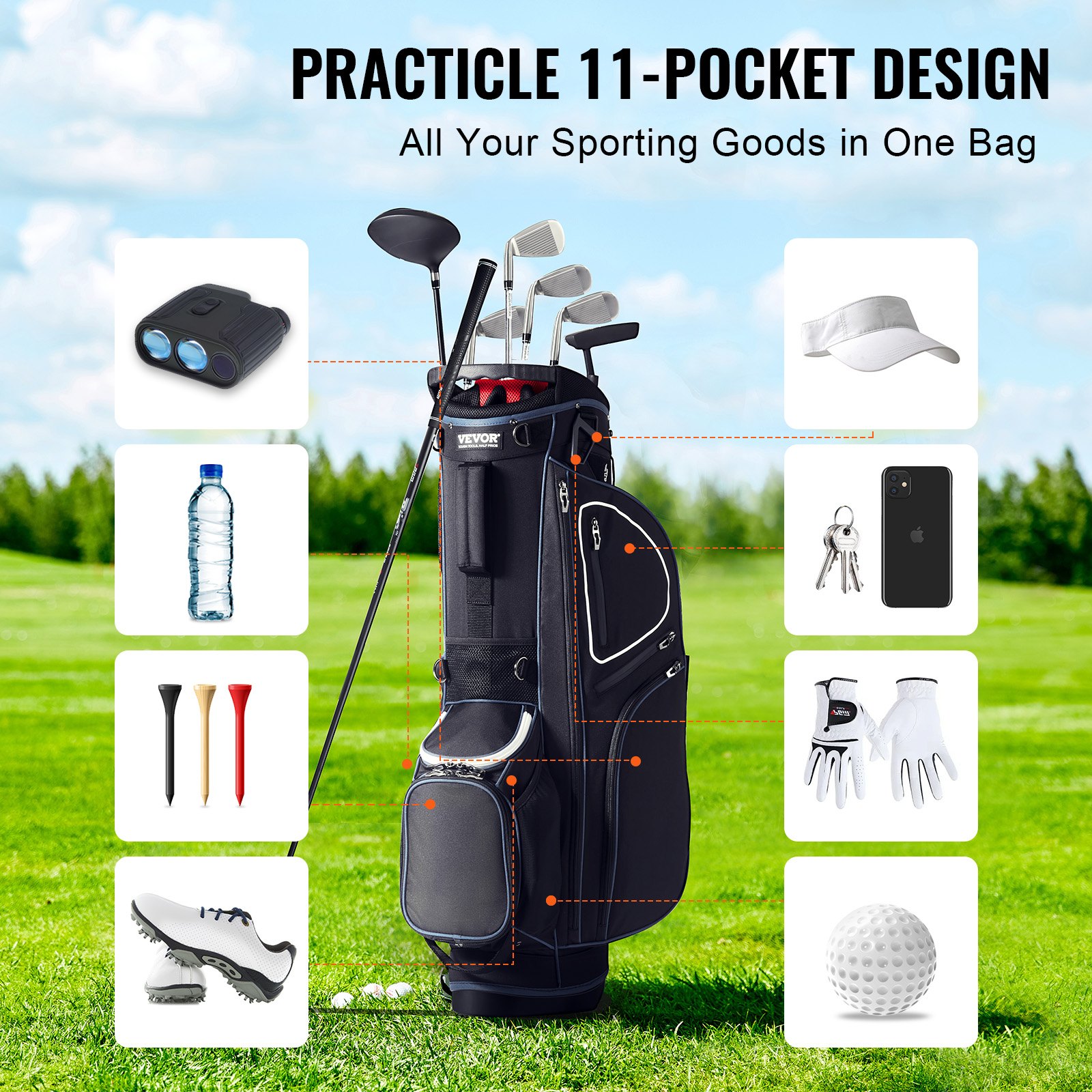 VEVOR Sacca da Golf con Divisorio Organizzatore a 14 Vie, Sacca da Golf Premium 890 mm con 11 Tasche Supporto, Borsa Resistente Manici, Copertura Antipolvere Doppia Tracolla Staccabile, Nero Bianco