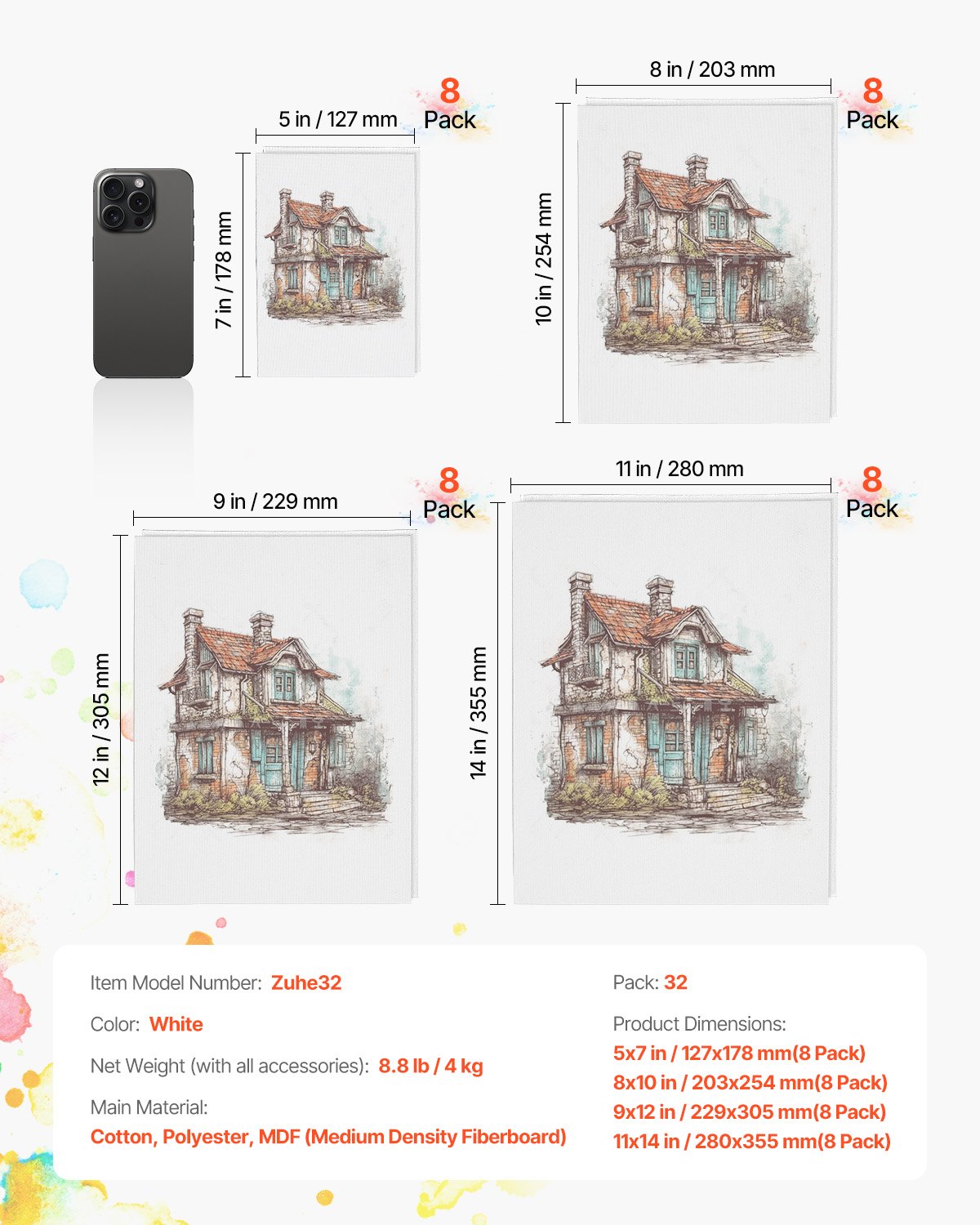 VEVOR Canvas Panels (127x178mm / 203x254mm / 229x305mm / 280x355mm) for Painting, Canvas Set of 32 Pieces Made of Cotton, Painting Canvas Panels for Acrylic and Oil Painting, Watercolor Painting Canvas, White