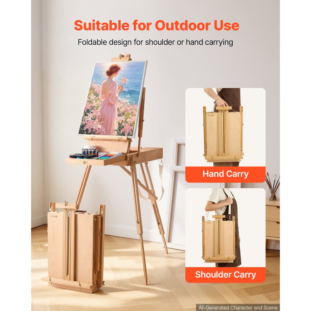VEVOR French Easel with Legs Foldable and Portable Sketchbox Easel Stand, For Painting, Solid Beech Wood, Holds Canvas up to 860 mm, Adjustable Height & Angle, with Drawer, Palette, Shoulder Strap