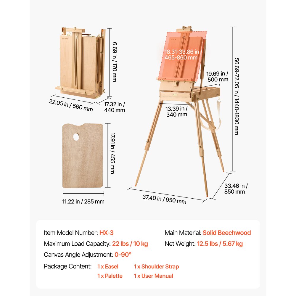 VEVOR French Easel with Legs Foldable and Portable Sketchbox Easel Stand, For Painting, Solid Beech Wood, Holds Canvas up to 860 mm, Adjustable Height & Angle, with Drawer, Palette, Shoulder Strap