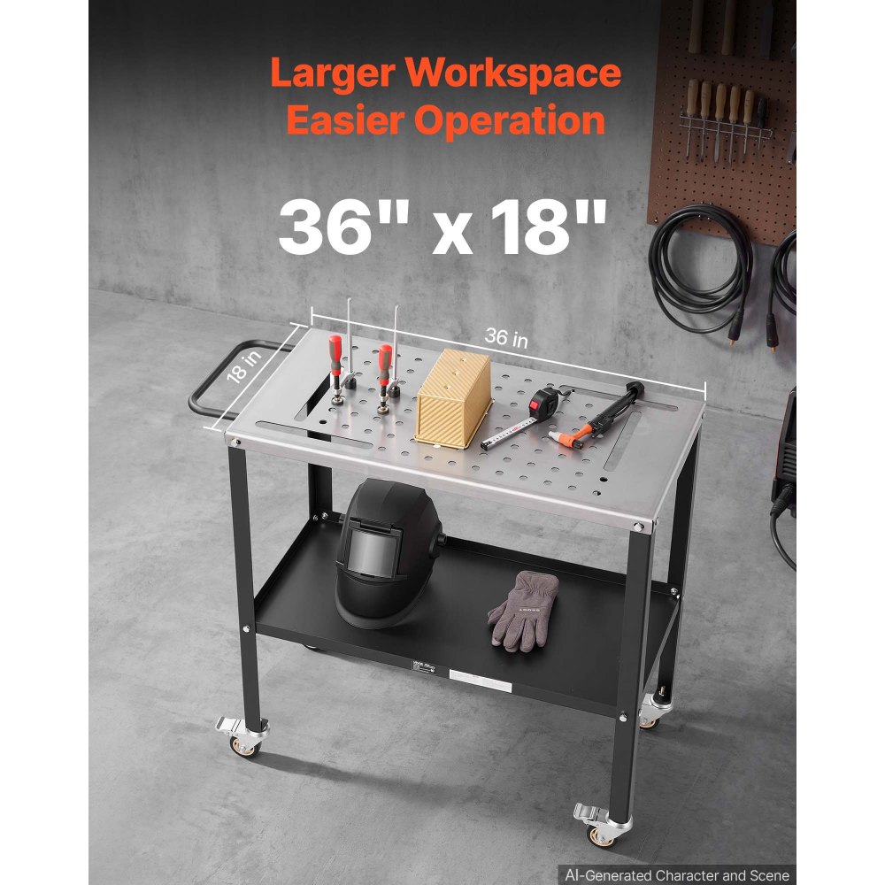 VEVOR Tavolo da Saldatura Mobile 914 x 457 mm, con Ruote, Portata 544 kg, Piano in Acciaio con 4 Ruote Bloccabili, 4 Portautensili, Fori di Fissaggio da 16 mm e Vassoio Porta Attrezzi per Officina