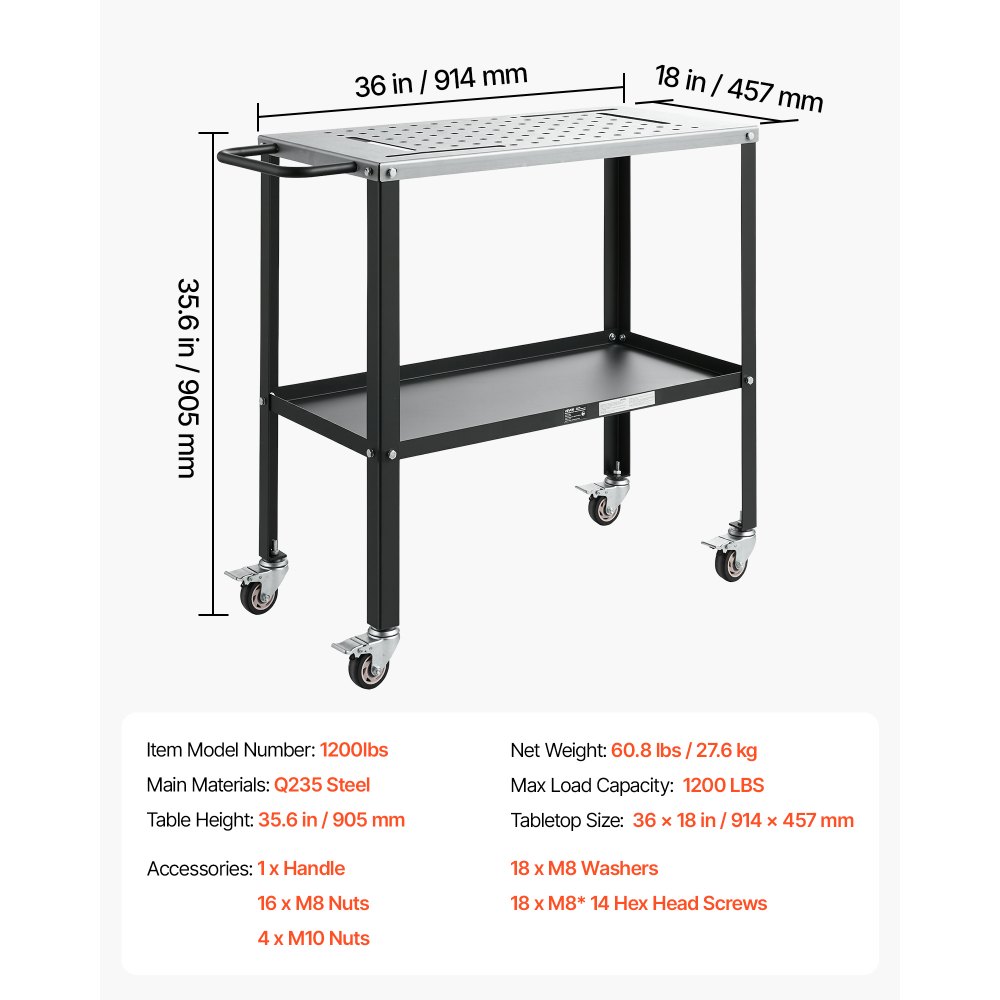 VEVOR Tavolo da Saldatura Mobile 914 x 457 mm, con Ruote, Portata 544 kg, Piano in Acciaio con 4 Ruote Bloccabili, 4 Portautensili, Fori di Fissaggio da 16 mm e Vassoio Porta Attrezzi per Officina