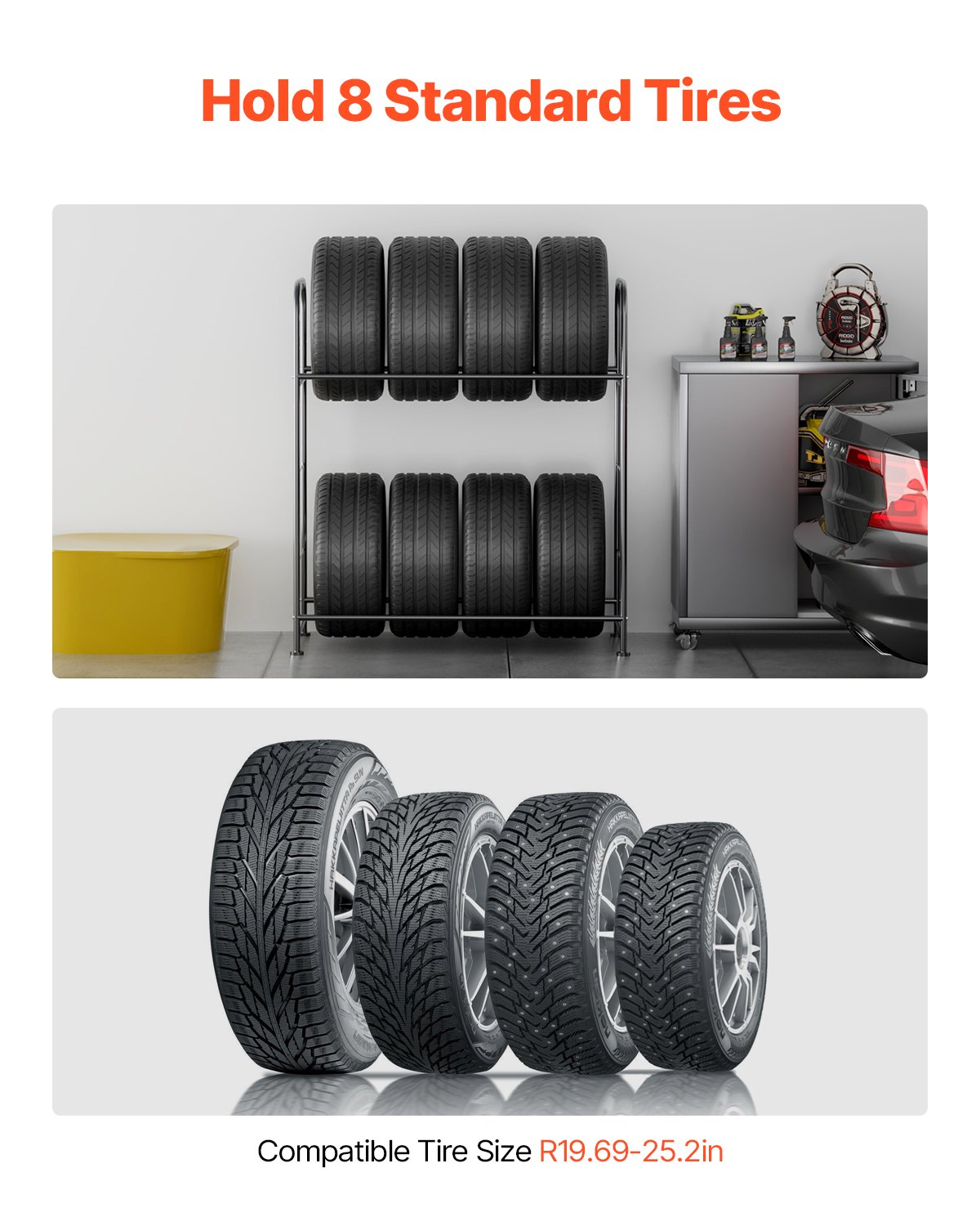 VEVOR Supporto per Pneumatici a 2 Ripiani, Contiene 8 Pneumatici Standard, Q195 Supporto per Pneumatici in Acciaio con Altezza Regolabile e Copertura Protettiva per Garage e Officina, Carico 180 kg