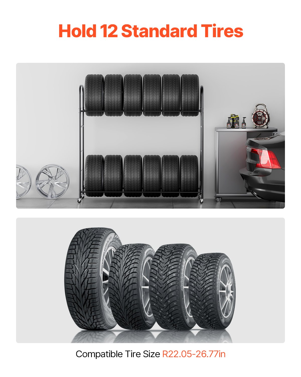 VEVOR Carrello Porta-Pneumatici con Ruote a 2 Ripiani, Rimorchio per Garage, Carrello Porta-Pneumatici in Acciaio con Copertura Protettiva Altezza Regolabile Contiene Fino a 12 Pneumatici Standard