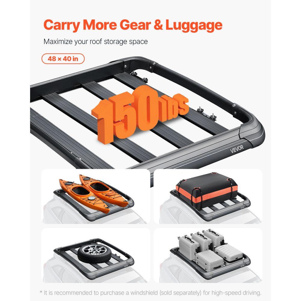 VEVOR Portapacchi da Tetto, Portabagagli Durevole da Tetto per Auto con Capacità 68 kg, Recinzione, Acciaio Legato Antiruggine, Carenatura Antivento, per Auto SUV 1216 x 1020 x 142 mm