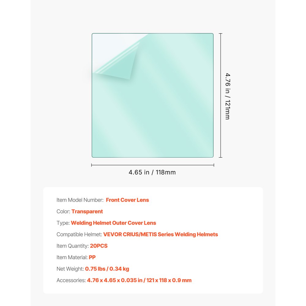 VEVOR Lente di Copertura Esterna per Casco da Saldatura, 20 Pezzi 121 x 118 x 0.9 mm, Lente di Ricambio Esterna, Coperture Protettive Trasparenti per Filtri Compatibili con i Caschi da Saldatura