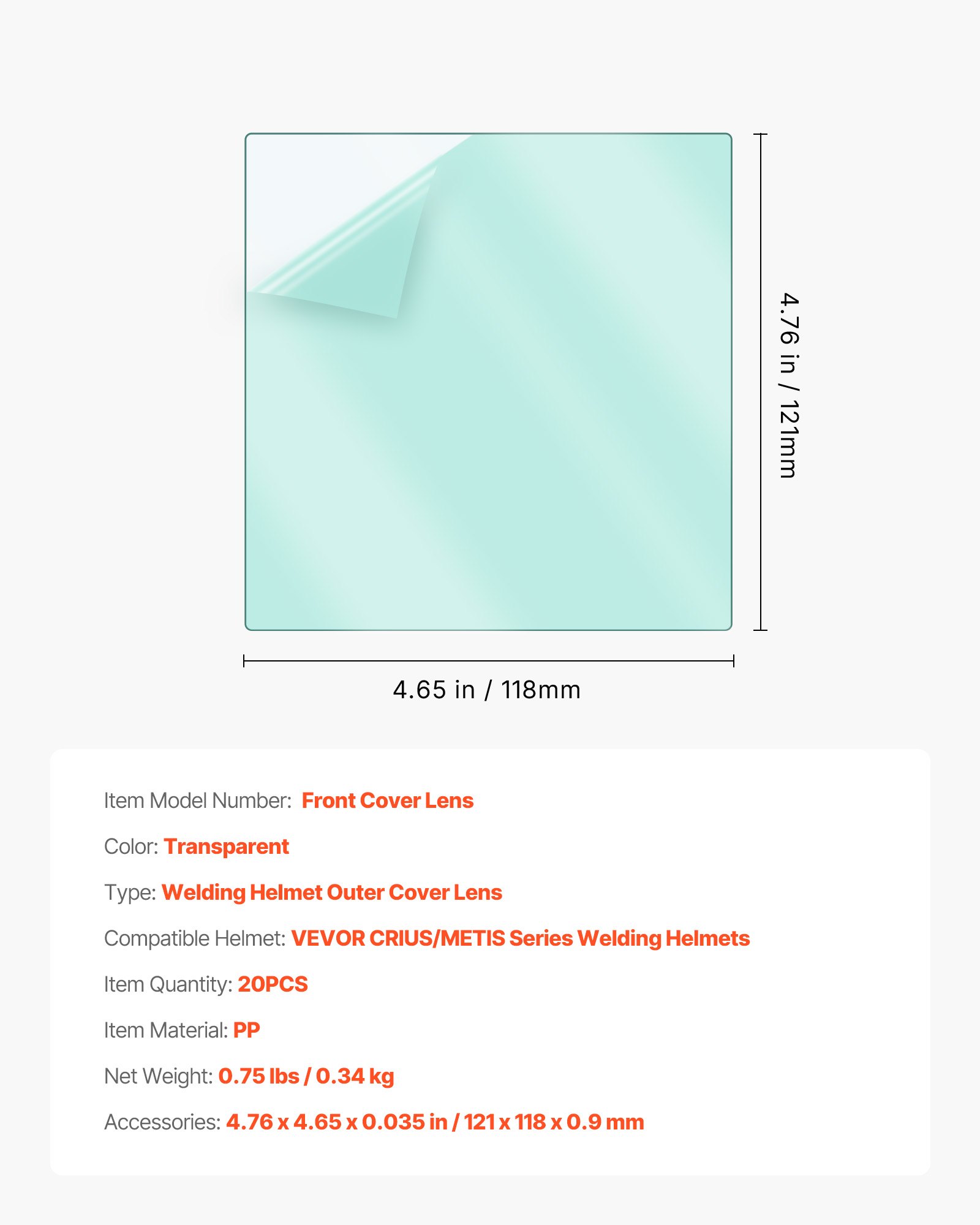 VEVOR Lente di Copertura Esterna per Casco da Saldatura, 20 Pezzi 121 x 118 x 0.9 mm, Lente di Ricambio Esterna, Coperture Protettive Trasparenti per Filtri Compatibili con i Caschi da Saldatura