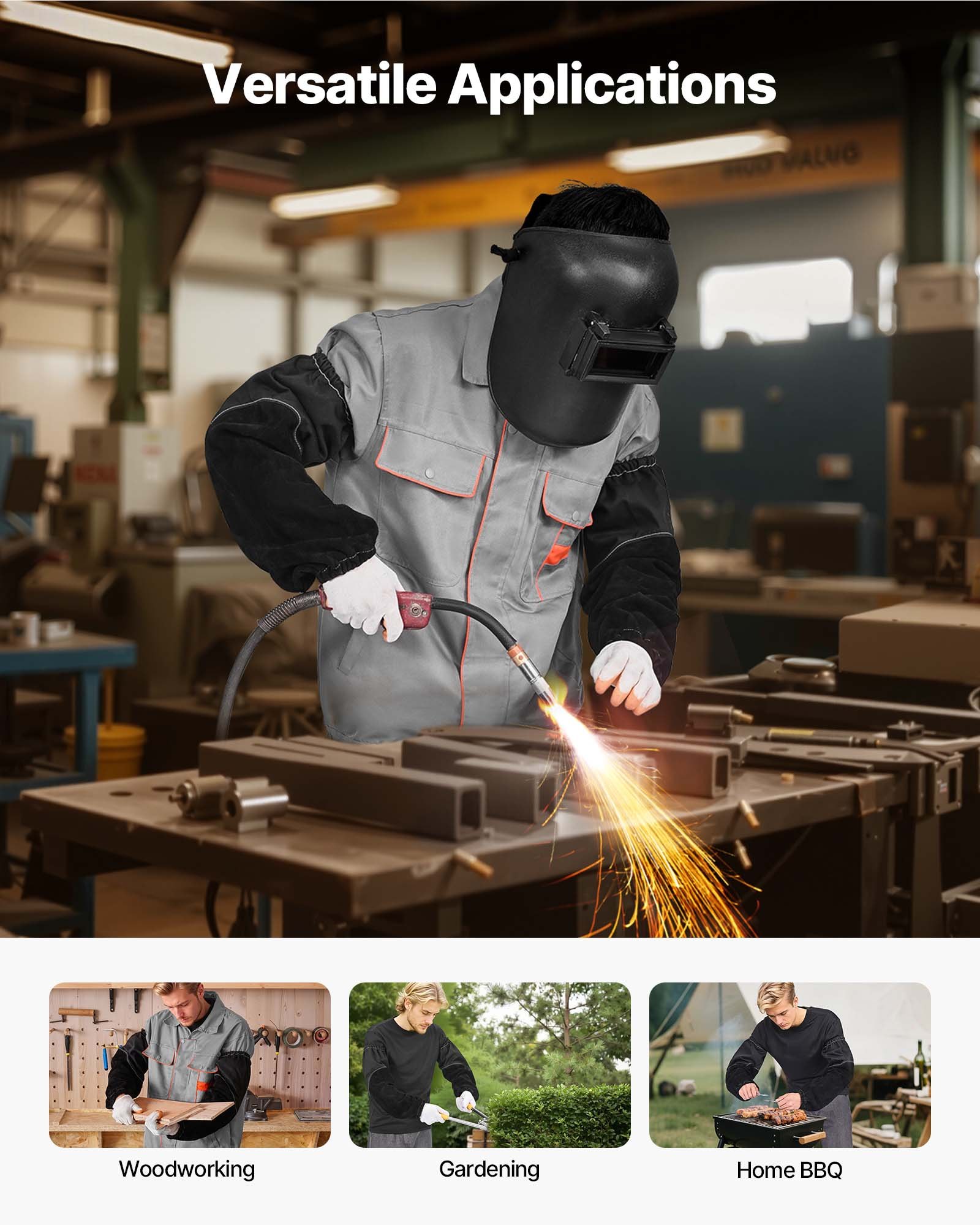 VEVOR Flame Resistant Welding Work Sleeves, Heavy Duty Cowhide Leather & FR Cotton Arm Protection Sleeves for Men Women - with Elastic Cuffs for Welding, Blacksmithing, Woodworking