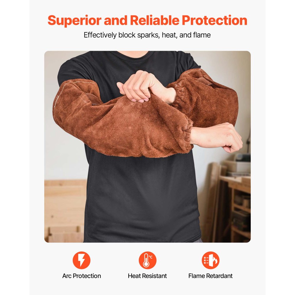 VEVOR Leather Welding Sleeves, Heavy Duty Cowhide Flame Resistant Work Sleeves for Arm Protection, Heat-Resistant Safety Sleeve for Welding, Blacksmithing, Woodworking, Gardening