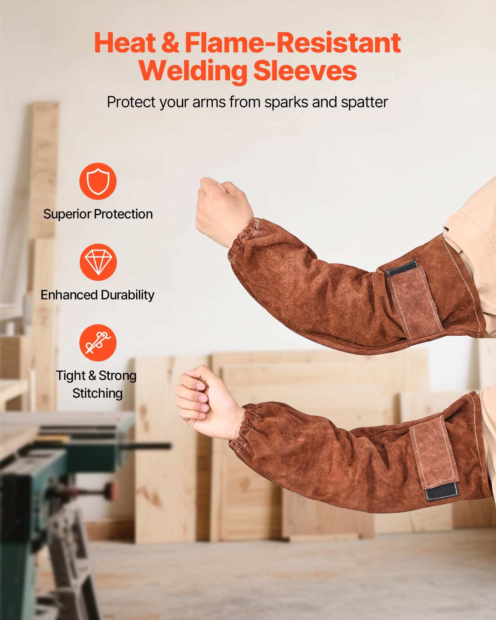 VEVOR Leather Welding Sleeves, Heavy Duty Cowhide Flame Resistant Work Sleeves for Arm Protection, Heat-Resistant Safety Sleeve for Welding, Blacksmithing, Woodworking, Gardening