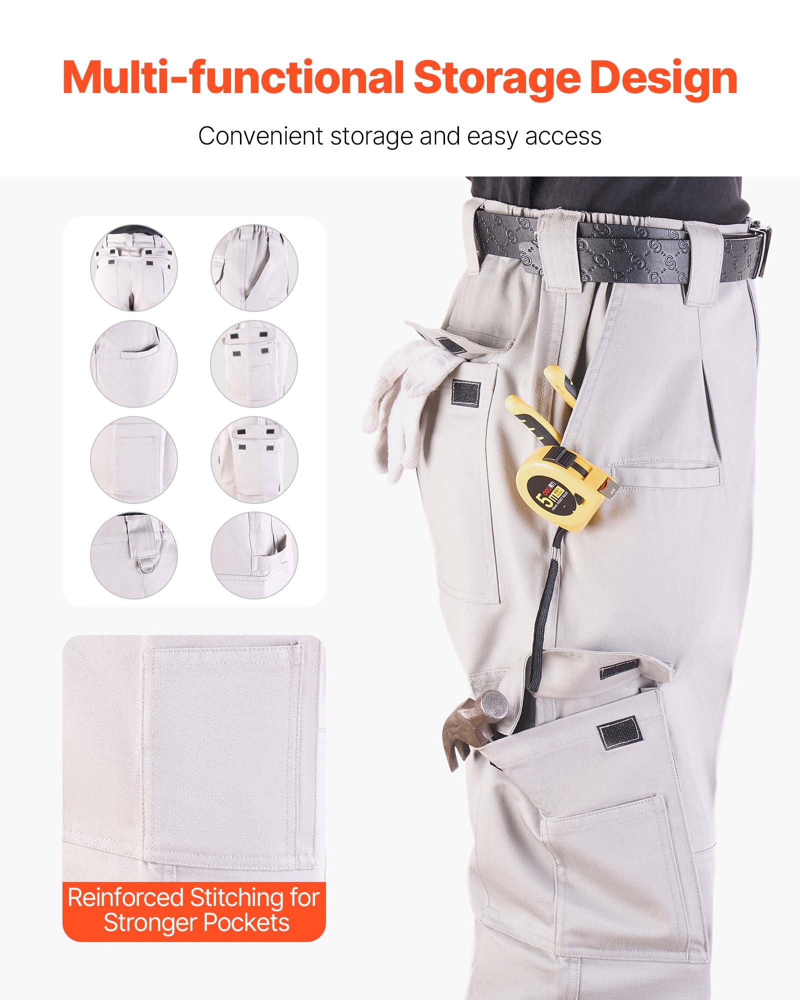 VEVOR Pantaloni Protettivi per Saldatura, Taglia XXL, Pantaloni Cargo Ignifughi con Tasche Multiple, Vita Elastica, Cuciture Rinforzate Antistrappo, Lavori di Saldatura e Abbigliamento Casuale, Grigio