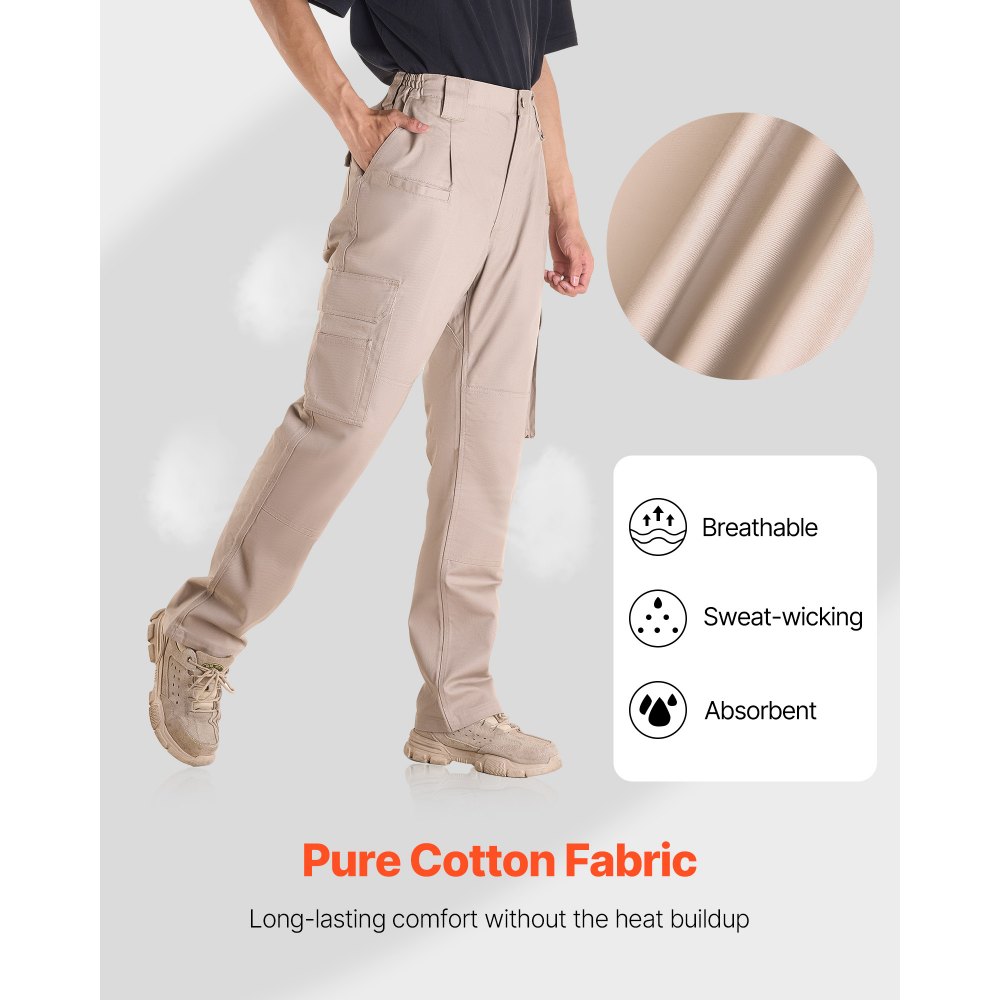 VEVOR Pantaloni Protettivi per Saldatura, Taglia L, Pantaloni Cargo Ignifughi con Tasche Multiple e Vita Elastica, Cuciture Rinforzate Antistrappo, Lavori di Saldatura e Abbigliamento Casuale, Cachi