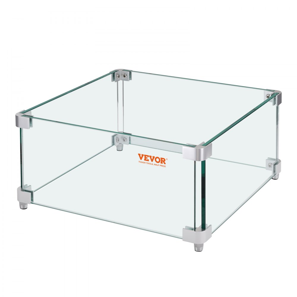 VEVOR Windscreen for Gas Fire Pit for Square Fire Table, 380 x 380 x 180 mm, Windscreen for Fire Pits, 8 mm Thick Square Glass Protection, Glass Plate with Hard Corner Bracket and Feet