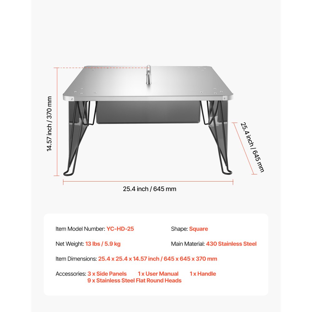 VEVOR Deflettore di Calore per Braciere 645 x 645 x 370 mm Deflettore per Braciere da Falò in Acciaio Inox, Forma di Quadrata, per Campeggio, Legna, con 4 Gambe Pieghevoli e Maniglia per Trasporto