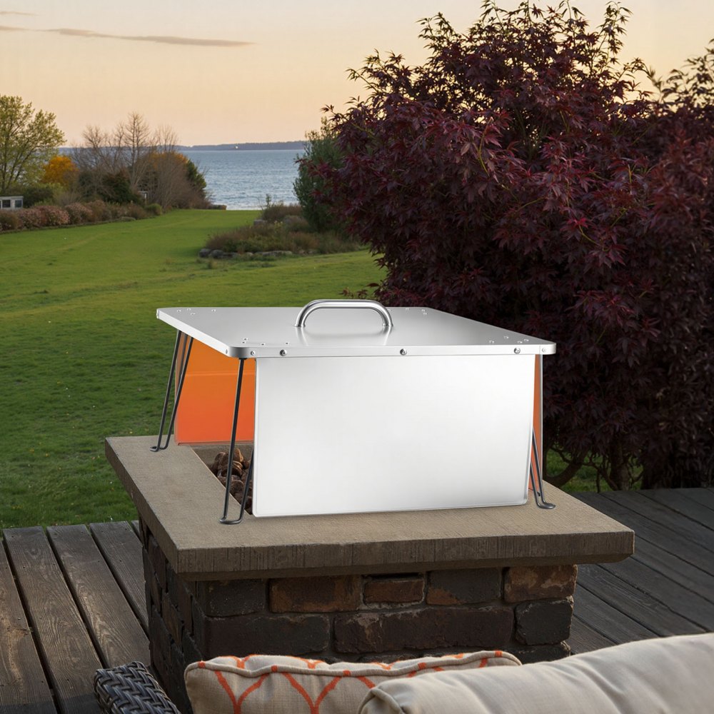VEVOR Deflettore di Calore per Braciere 645 x 645 x 370 mm Deflettore per Braciere da Falò in Acciaio Inox, Forma di Quadrata, per Campeggio, Legna, con 4 Gambe Pieghevoli e Maniglia per Trasporto
