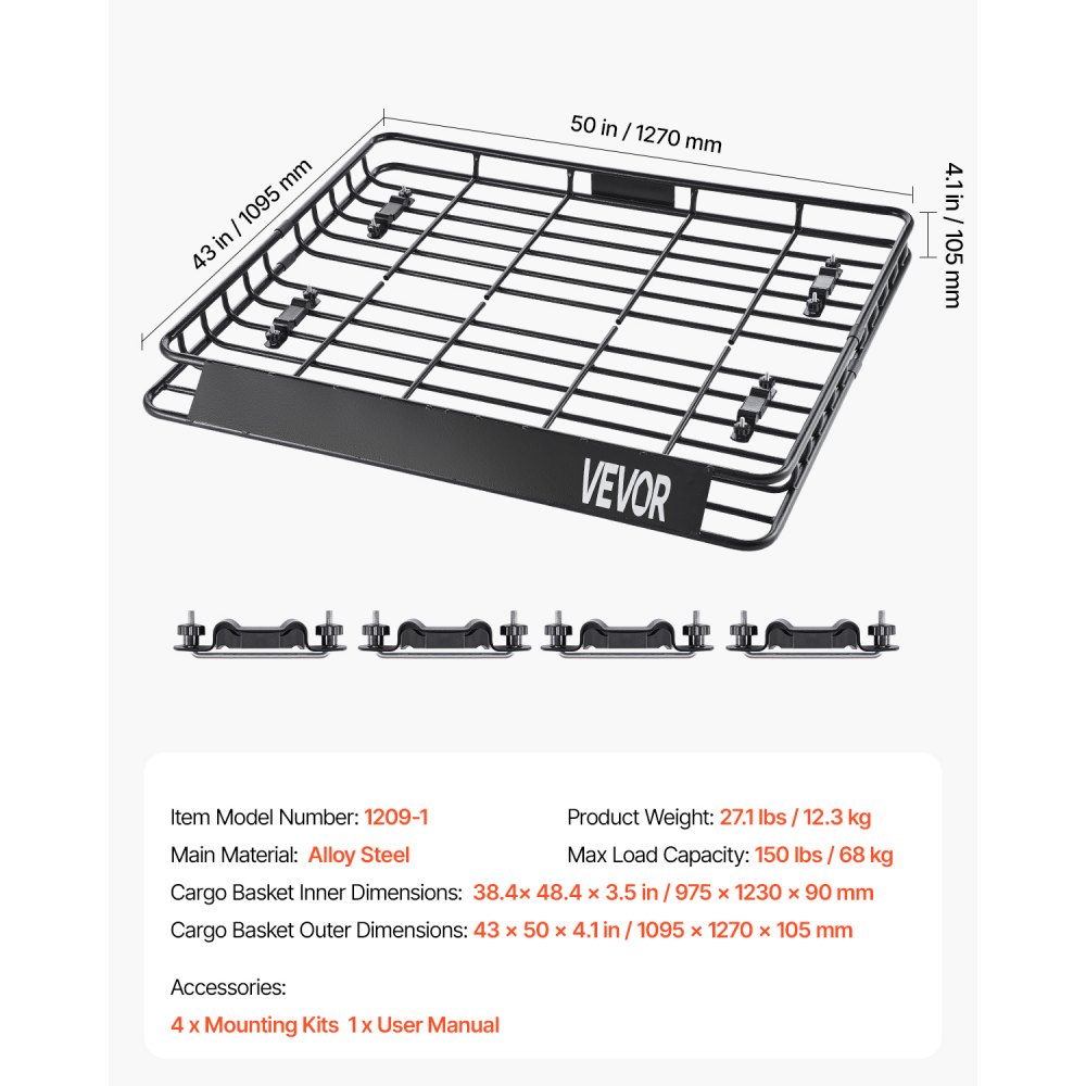 VEVOR Portapacchi da Tetto per Auto, 1095 x 1270 x 105 mm Portapacchi Universale in Lega di Acciaio Inox con Capacità Carico Massima 68 kg, Portapacchi da Tetto per Auto per SUV e Camion