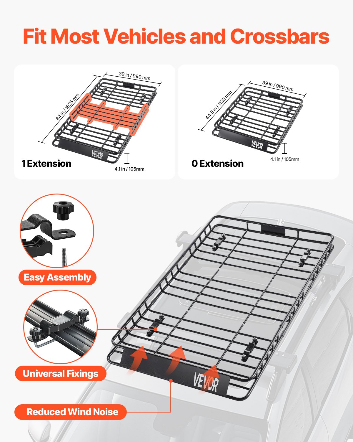 VEVOR Portapacchi da Tetto per Auto, 1625 x 990 x 105 mm Portapacchi Universale con Borsa per Bagagli e Rete e Cinghie a Cricchetto, Capacità Carico Massima 113,4 kg, Portapacchi per Auto