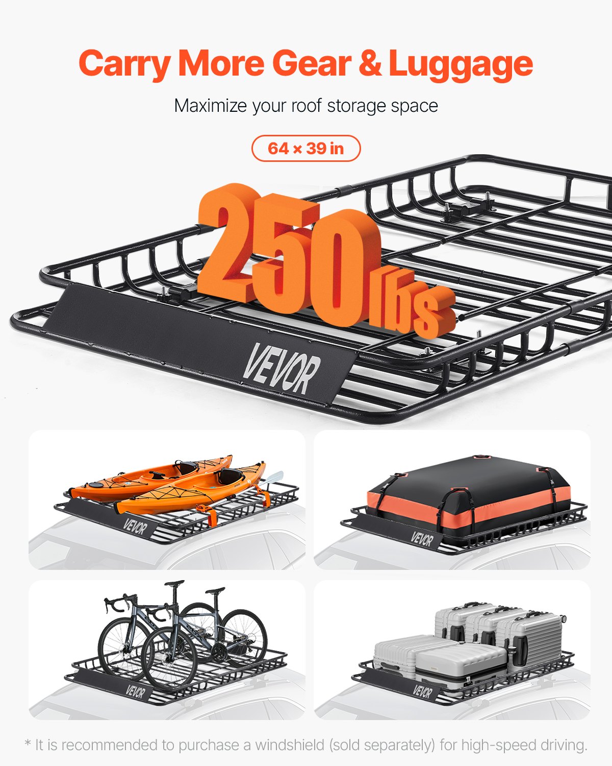 VEVOR Roof Rack Basket Car Roof Basket (1625 x 990 x 105 mm) Universal Roof Rack with Luggage Bag, Net & Ratchet Straps (113.4 kg Max Load Capacity), Car Roof Rack for SUVs and Trucks