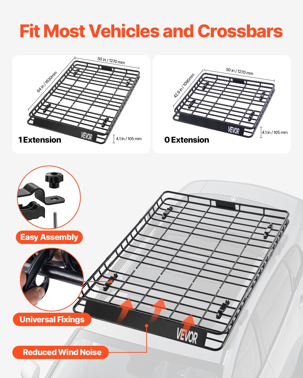 VEVOR Portapacchi Universale da Tetto, 1630 x 1270 x 105 mm con Recinzione e Due Reti da Carico da 900 x 1000 mm, Capacità Massima 68,0 kg, Acciaio Legato Antiruggine per SUV, Camion, Auto