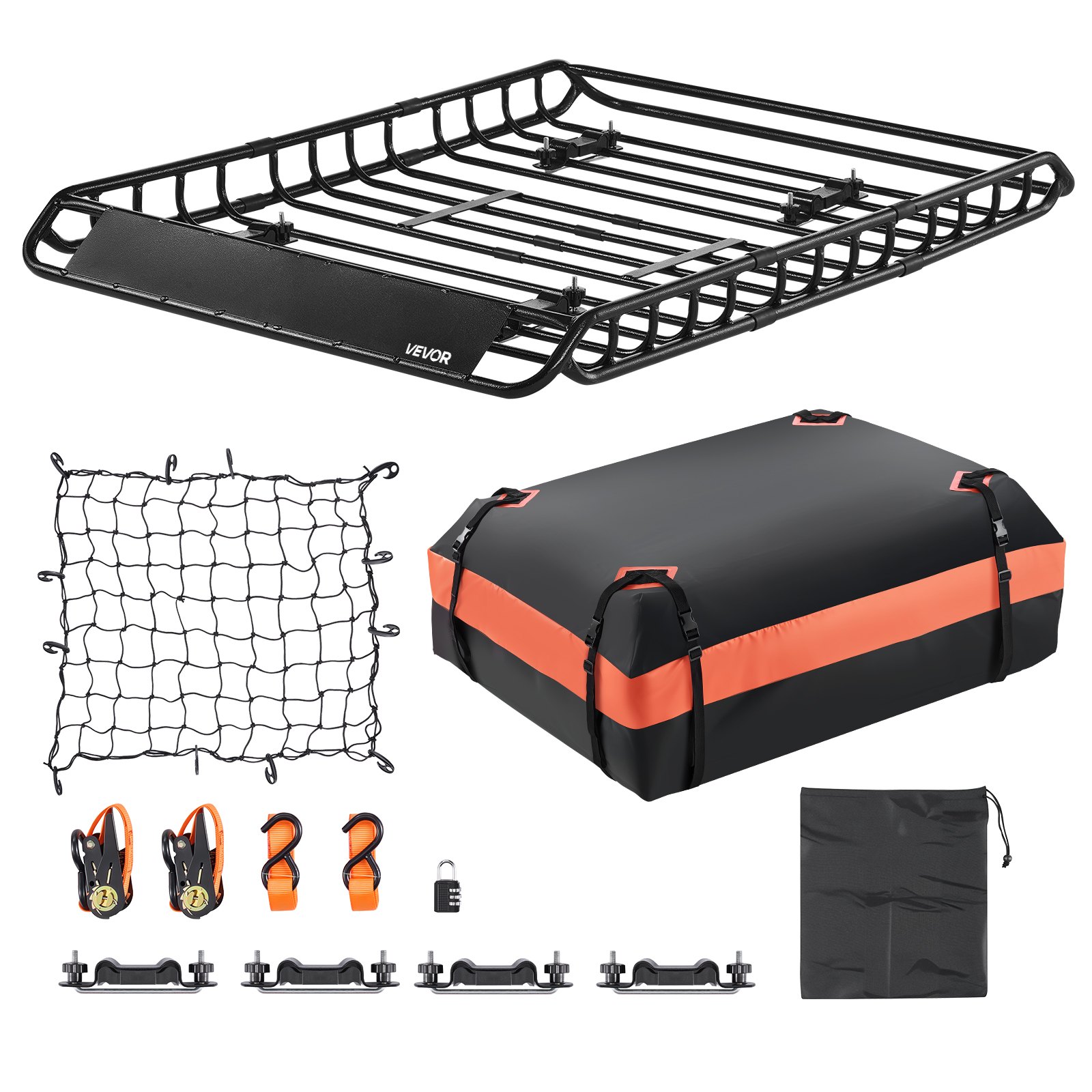 VEVOR Cesto Portapacchi da Tetto Auto, Portapacchi da Tetto 1300 x 910 x 105 mm con Borsa Portaoggetti Rete Cinghie a Cricchetto, Capacità di Carico max 90,7 kg Portabagagli per Veicoli, Auto SUV,