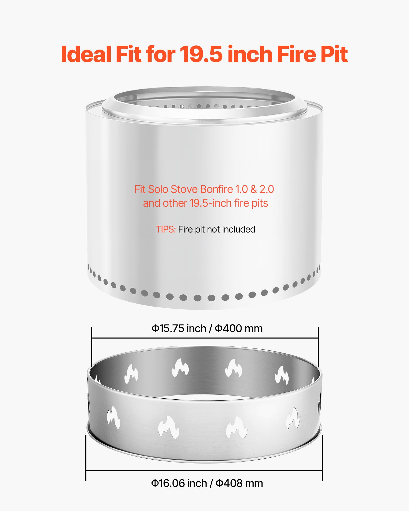 VEVOR Supporto per Braciere per Falò, con Stufa Singola, Anello per Braciere Senza Fumo da 49,5 cm, Accessorio per Telaio di Supporto in Acciaio inox, Supporto Portatile per Campeggio all'Aperto