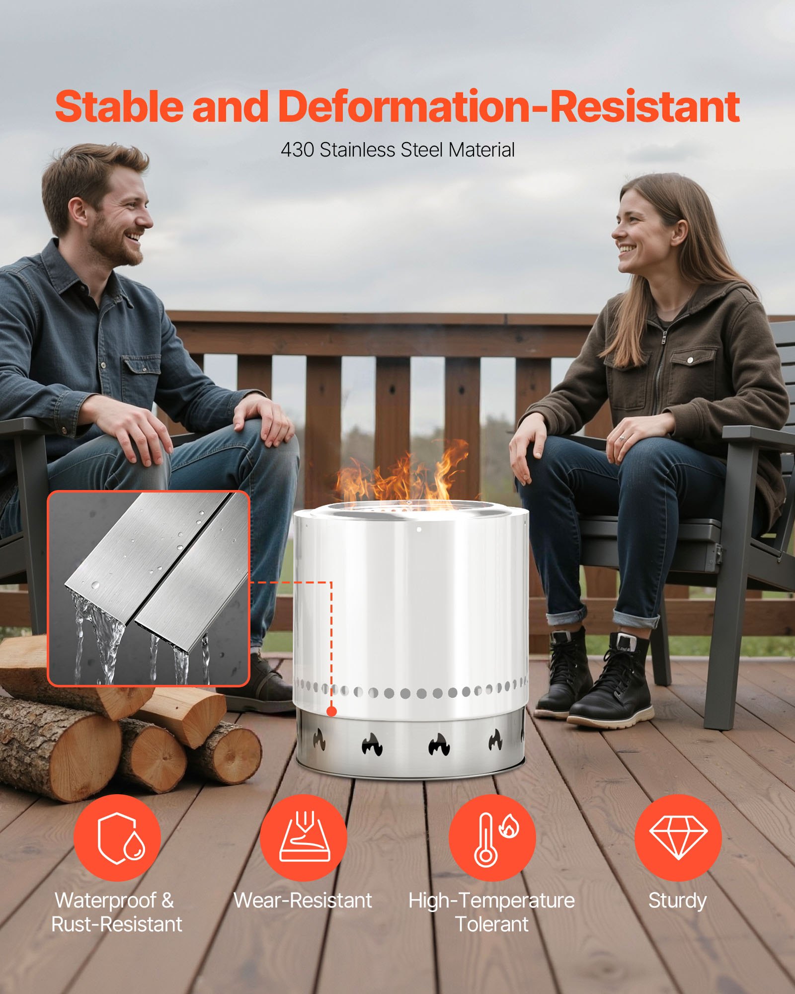 VEVOR Supporto per Braciere per Falò, con Stufa Singola, Anello per Braciere Senza Fumo da 49,5 cm, Accessorio per Telaio di Supporto in Acciaio inox, Supporto Portatile per Campeggio all'Aperto