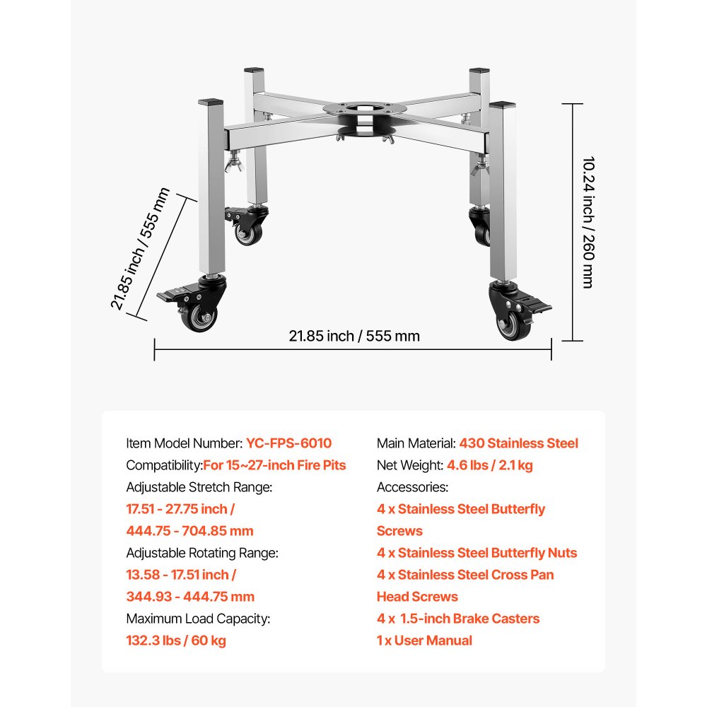VEVOR Fire Pit Stand, 38-68.6 cm Adjustable Stretch with 4 Casters, Firepit Stand for Solo Stove Bonfire Ranger Yukon & Other Outside Firepit, Stainless Steel Camping Fire Pit Accessory for Fireplace
