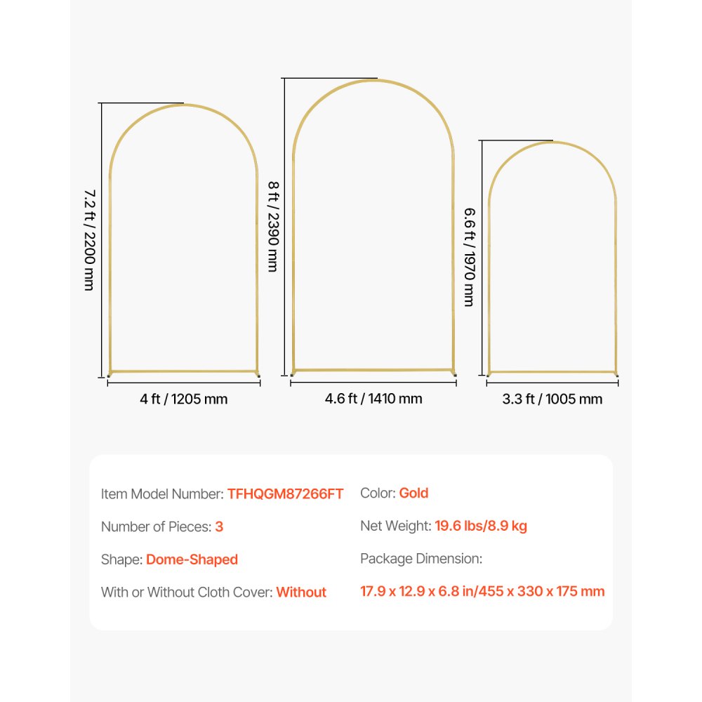 VEVOR Supporto Dorato per Fondale ad Arco per Matrimonio, 1205/1005/1410 mm, Set di 3 Supporti Metallo con Collegamento a Custodia e Barra Trasversale del Telaio, per Compleanni Celebrazioni Vacanze