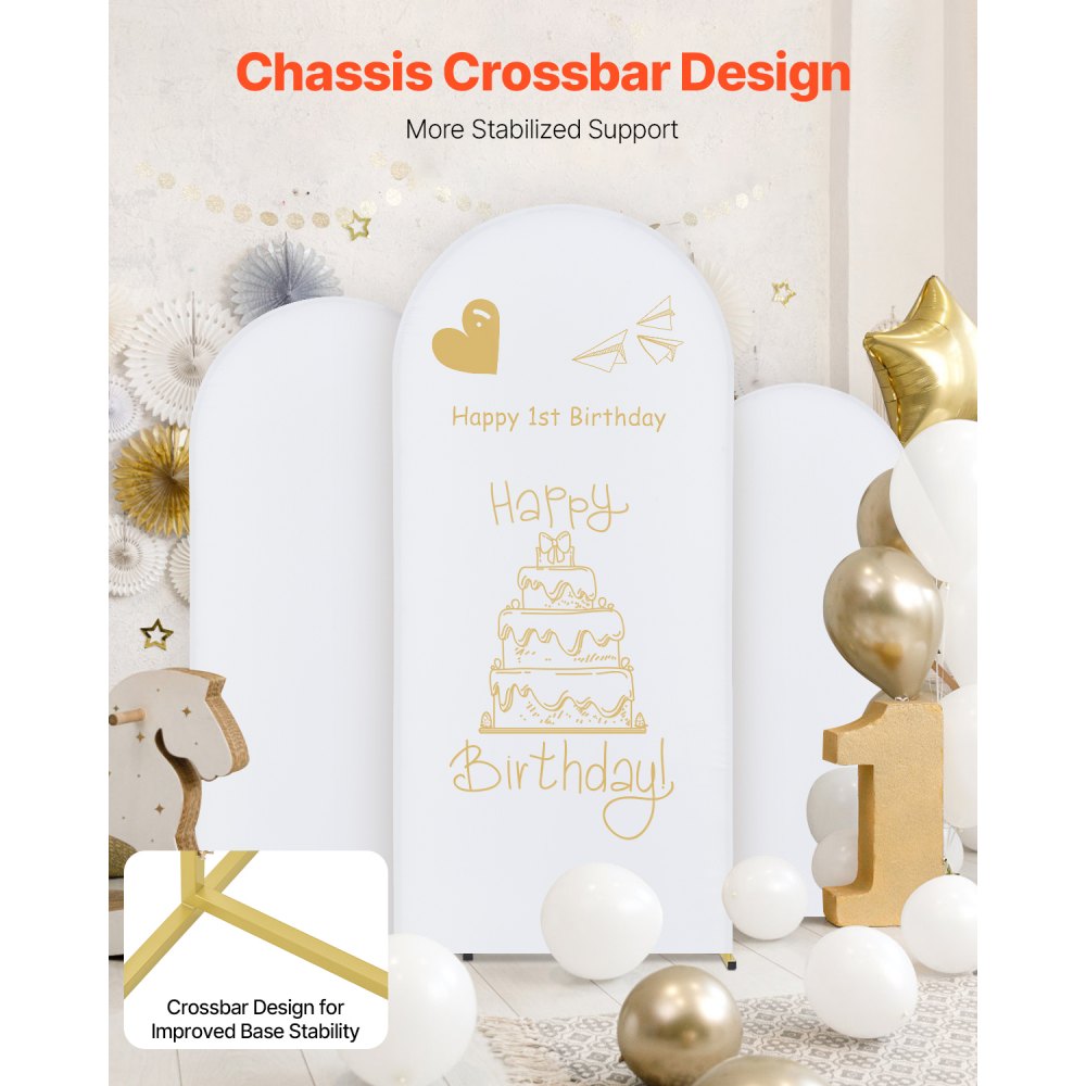 VEVOR Wedding Arch, Set of 3, Wedding Arch with Housing Connection and Chassis Crossbar Design, Easy-to-Assemble Gold Stand with Fabric Cover, Suitable for Birthdays, Celebrations, Holidays
