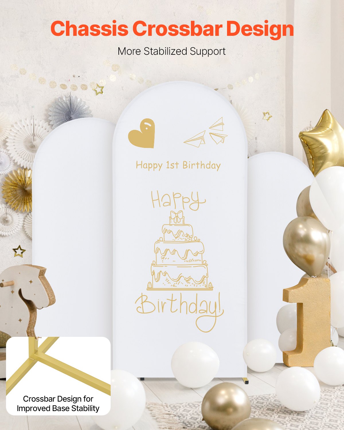 VEVOR Wedding Arch, Set of 3, Wedding Arch with Housing Connection and Chassis Crossbar Design, Easy-to-Assemble Gold Stand with Fabric Cover, Suitable for Birthdays, Celebrations, Holidays