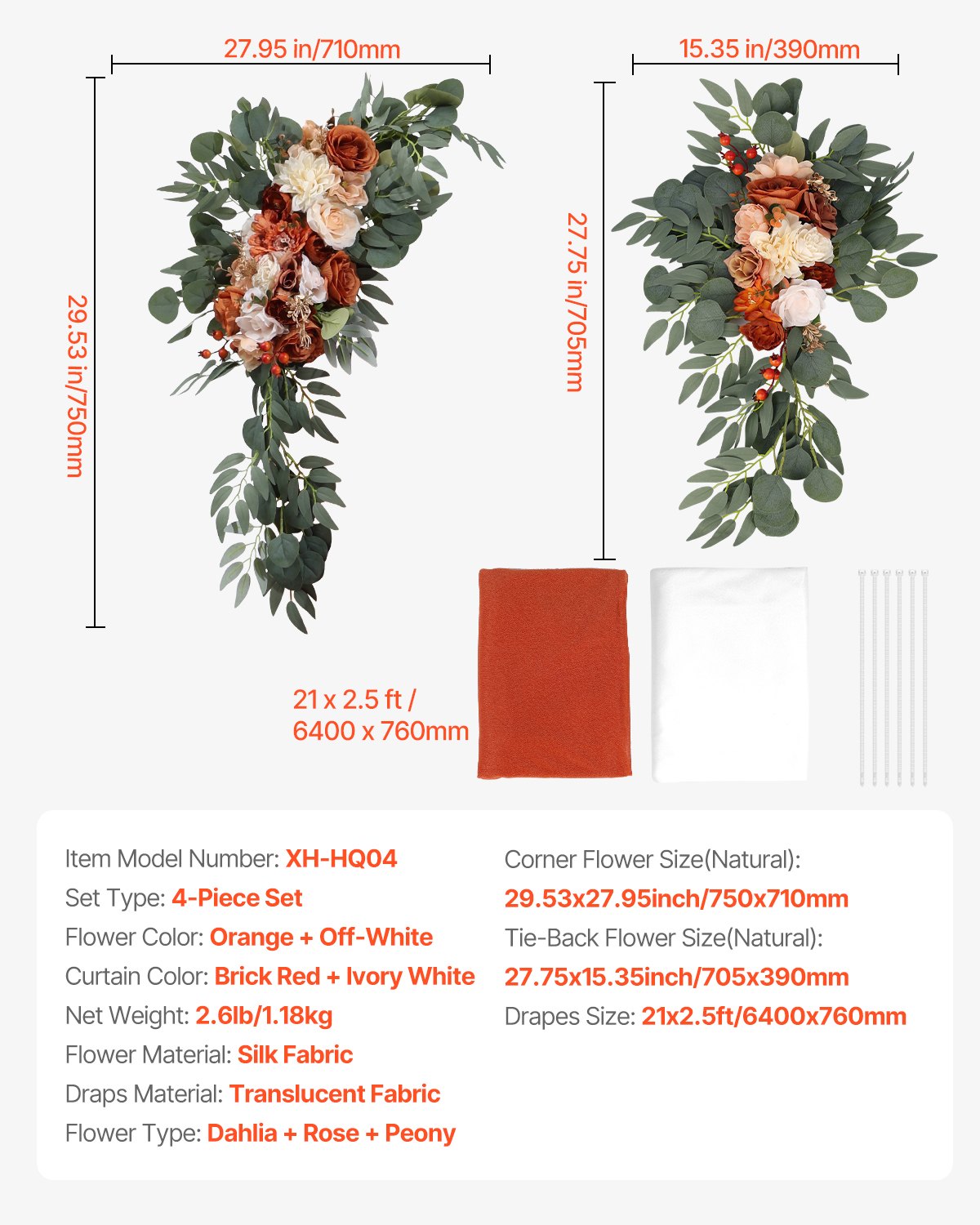 VEVOR Kit di Fiori Artificiali per Arco Nuziale, Fiori Arancioni per Arco Nuziale con Kit di Tende, 2 Pezzi Composizione Floreale, 2 Pezzo Tende Trasparenti, per Bouquet Cerimonia Sfondo Ricevimento