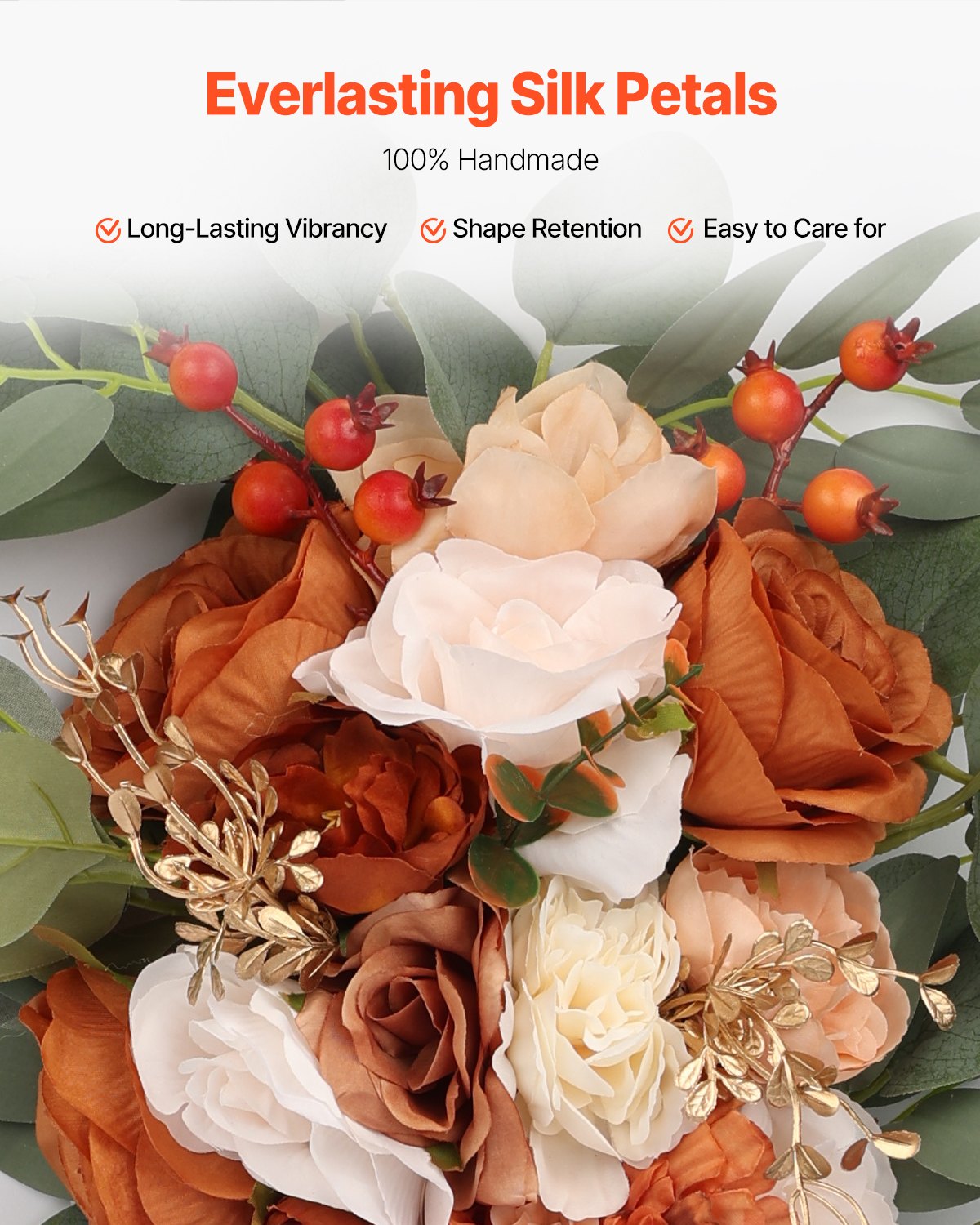 VEVOR Floral Set for Wedding Arch, Orange Flowers for Wedding Arch with Curtains (Set of 4) – 2 Flower Arrangements, 2 Sheer Curtains, for Ceremony Bouquets, Reception Backdrop Decoration