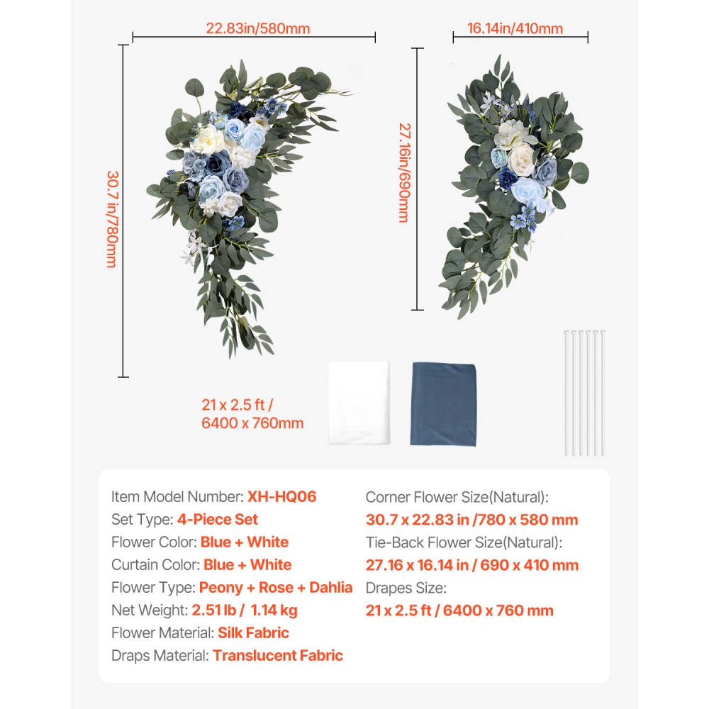 VEVOR Kit di Fiori Artificiali per Arco Nuziale, Fiori Blu per Arco Nuziale con Kit di Tende, 2 Pezzi Composizione Floreale, 2 Pezzo Tende Trasparenti, per Bouquet Cerimonia Sfondo Ricevimento