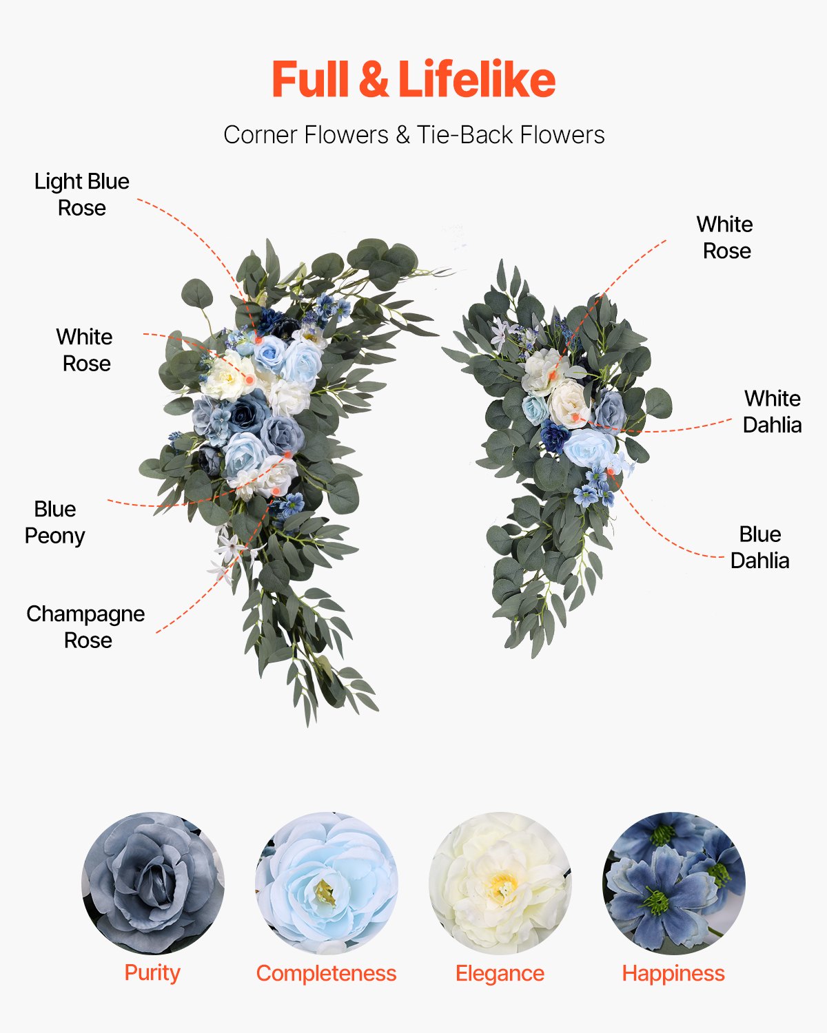 VEVOR Artificial Flower Set for Wedding Arch, Blue Flowers for Wedding Arch with Curtains (Set of 4) – 2 Flower Arrangements, 2 Sheer Curtains, for Ceremony Bouquets, Reception Backdrop Decoration