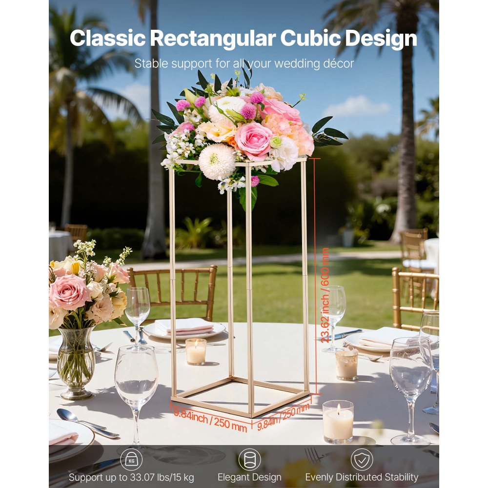 VEVOR Supporto per Fiori da Matrimonio 10 Pezzi da 60 cm, Supporto per Fiori con Vite Nascosta, Espositore Floreale Cubico Rettangolare per Matrimoni, Feste, Compleanni, Casa, Centrotavola Dorati