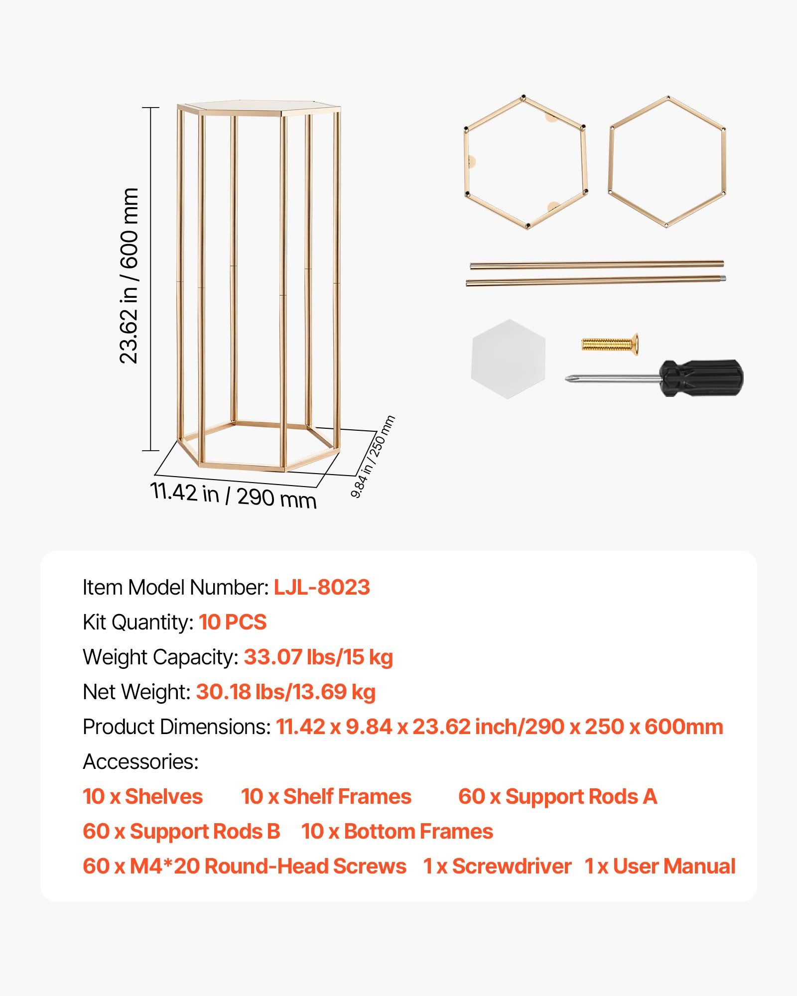 VEVOR Portafiori da Matrimonio 10 Pezzi da 60 cm, Cubico Esagonale con Laminato Acrilico, Espositore Floreale Cubico Cilindrico per Matrimoni, Feste, Compleanni, Casa, Centrotavola Dorati
