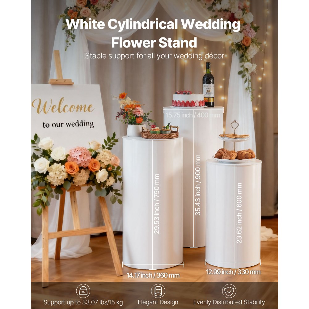 VEVOR Supporto per Fiori da Matrimonio Zoccolo Cilindrico Rotondo Bianco, Supporto Trasparente con Coperchio in Acrilico Trasparente, 3 Pezzi da 60, 75, 90 cm, Supporti Cilindrici per Matrimoni