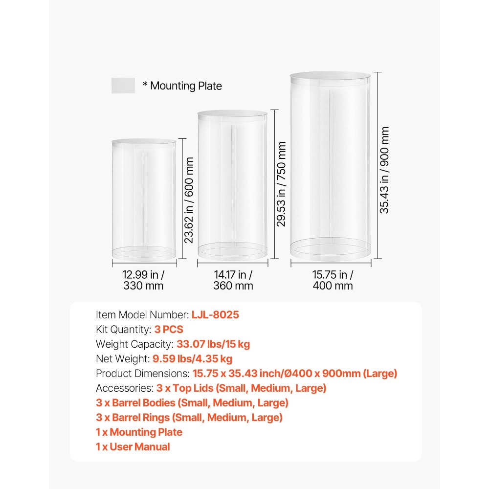 VEVOR Supporto per Fiori da Matrimonio, Zoccolo Cilindrico Rotondo, Supporto Trasparente con Coperchio in Acrilico Trasparente, 3 Pezzi da 60, 75, 90 cm, Supporti Cilindrici per Matrimoni, Feste
